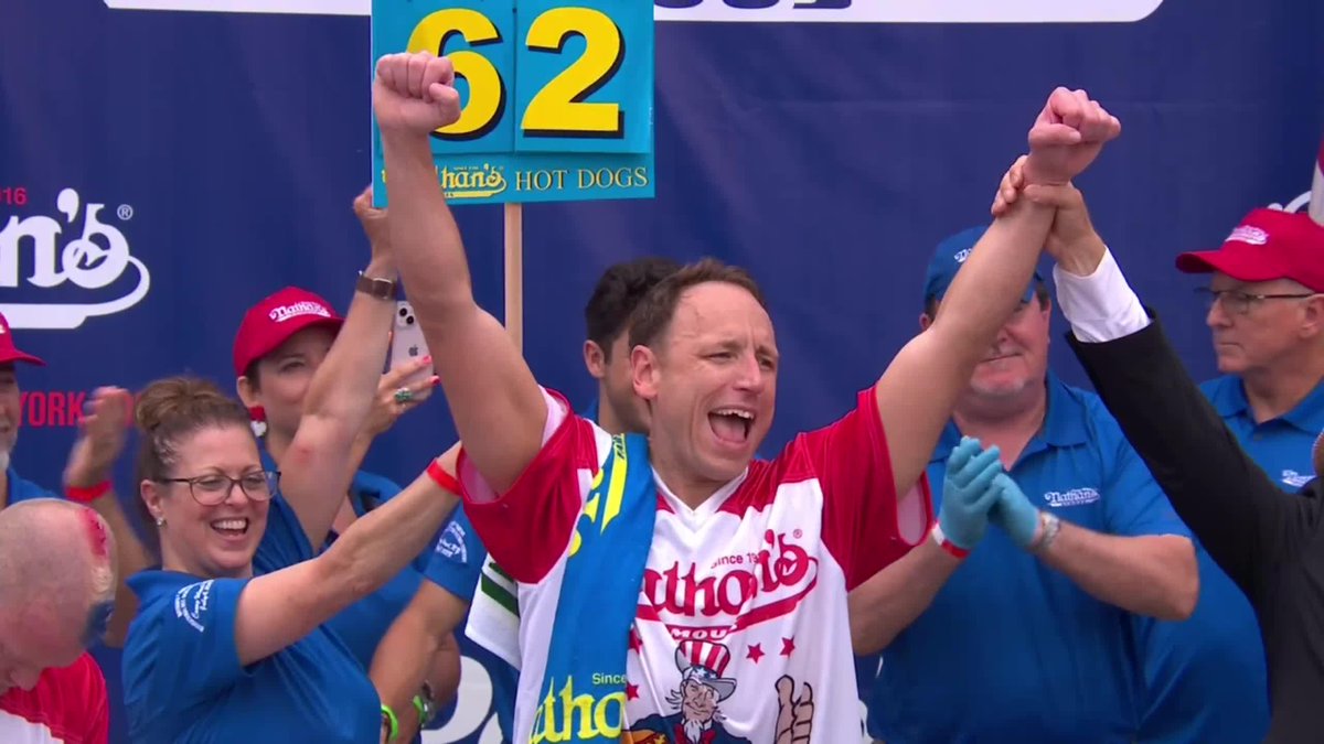 Not even a weather delay can stop Joey Chestnut 😤 He downs 62 hot dogs to claim his 16th Mustard Belt 🏆