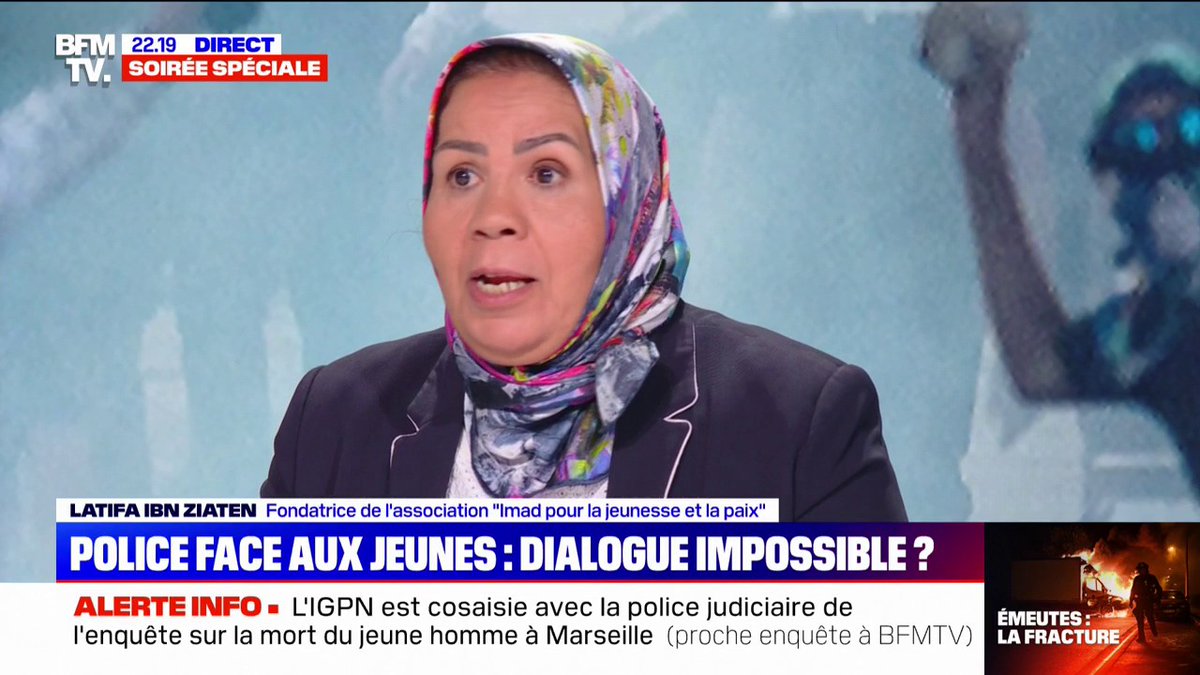 Émeutes: "Il faut aider les parents, aider cette jeunesse (...) on ne peut pas les mettre de côté", affirme Latifa Ibn Ziaten (association Imad pour la jeunesse et la paix)