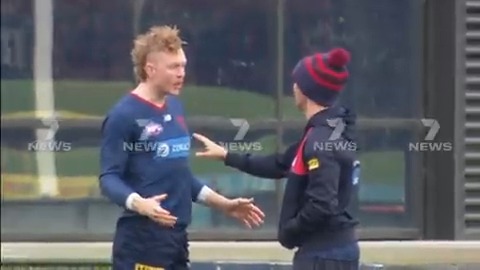 Clayton Oliver argues with a trainer in the latest hurdle to return from injury. See the pictures with Mitch Cleary in 7NEWS at 6pm. 7AFL #7NEWS