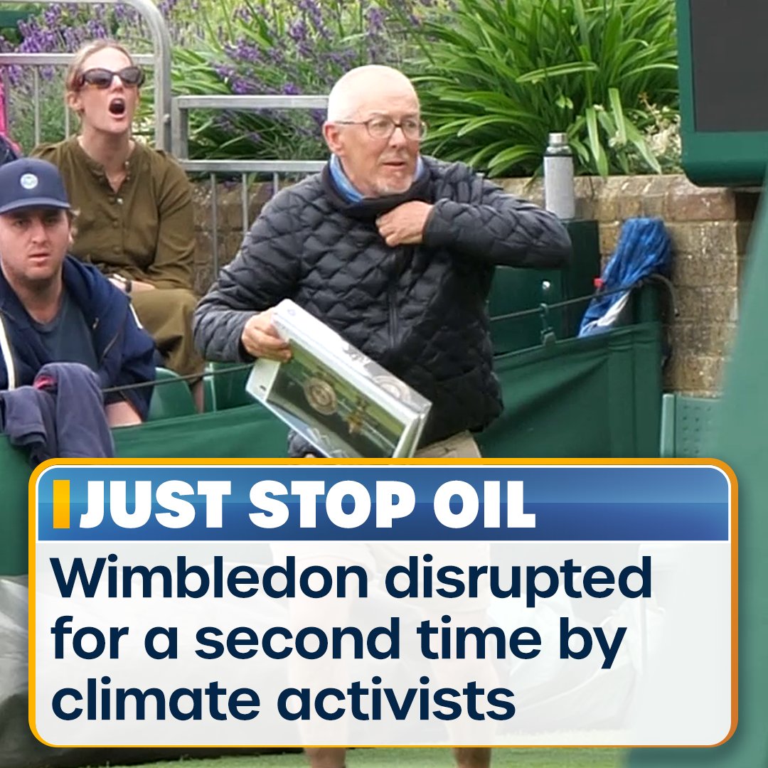 WATCH: New footage of the moment Wimbledon was disrupted for a second time today by a Just Stop Oil protester, before he was tackled to the ground and dragged away.