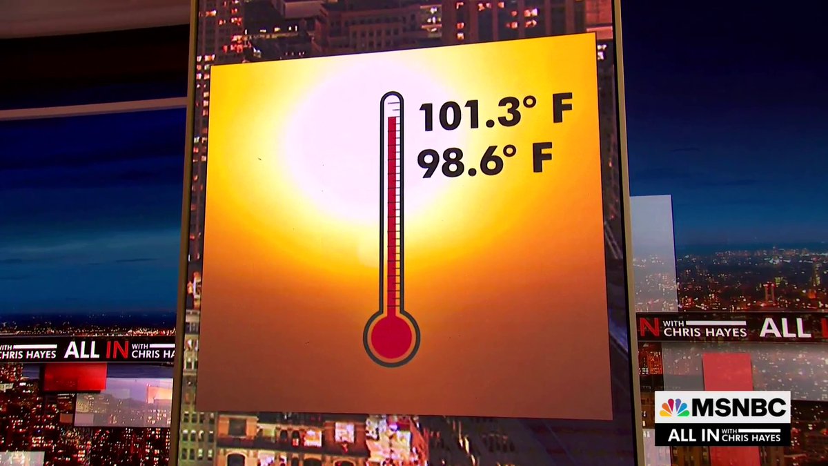 .Chris Hayes on the rise of the global temperature: "It's like going from a normal 98.6 degree body temperature to spiking a 101.3 degree fever. At 101.3 degrees, you are pretty sick—and that metaphor is almost literal because the human body really struggles in high heat."