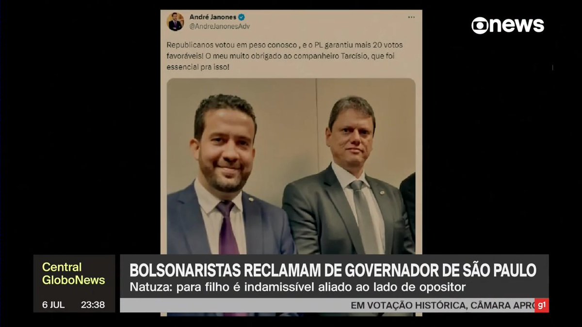 . Octavio Guedes: “a intriga mais engraçada é o Janones, que está postando foto agradecendo ao ‘companheiro Tarcísio’, e os bolsonaristas dizendo ‘acho que ele está de ironia’”. ➡ Assista à #CentralGloboNews com Natuza Nery COM SINAL ABERTO: #GloboNews