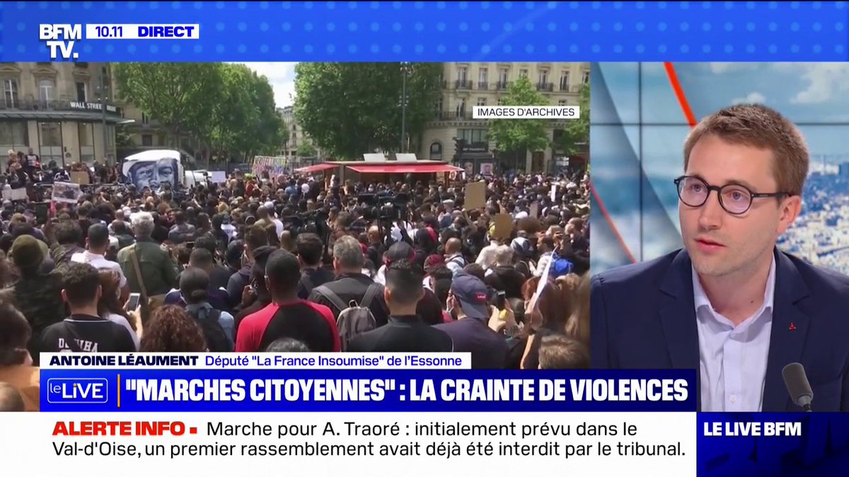 💬"Ces marches se sont toujours déroulées dans le calme" ➡️Antoine Léaument (Antoine Léaument 🇫🇷), député La France insoumise de l'Essonne réagit à l'interdiction de la marche pour Adama Traoré