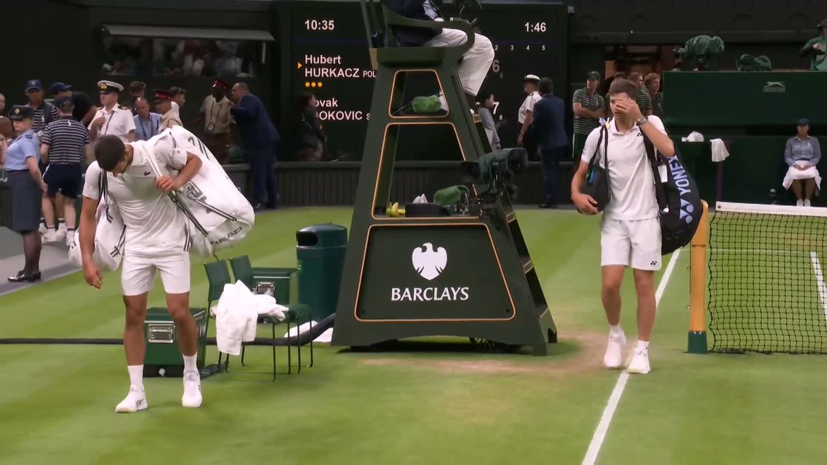 To be continued... Novak Djokovic and Hubert Hurkacz will return tomorrow with the Serbian leading 2-0 in sets #Wimbledon