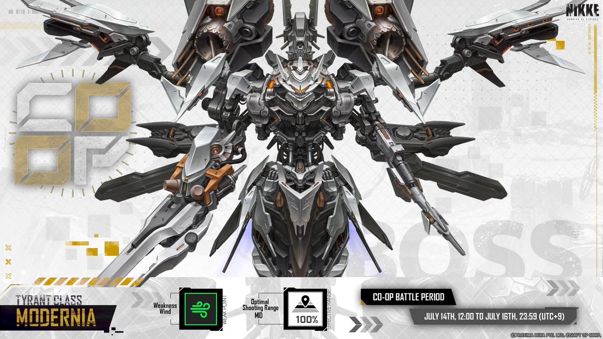 【Co-Op Battle Start Notice】 The enemy for this Co-Op battle is 《Modernia》. The Co-Op battle will commence at the following time. 📅 7/14 12:00 ~ 7/16 23:59 (UTC +9) #NIKKE