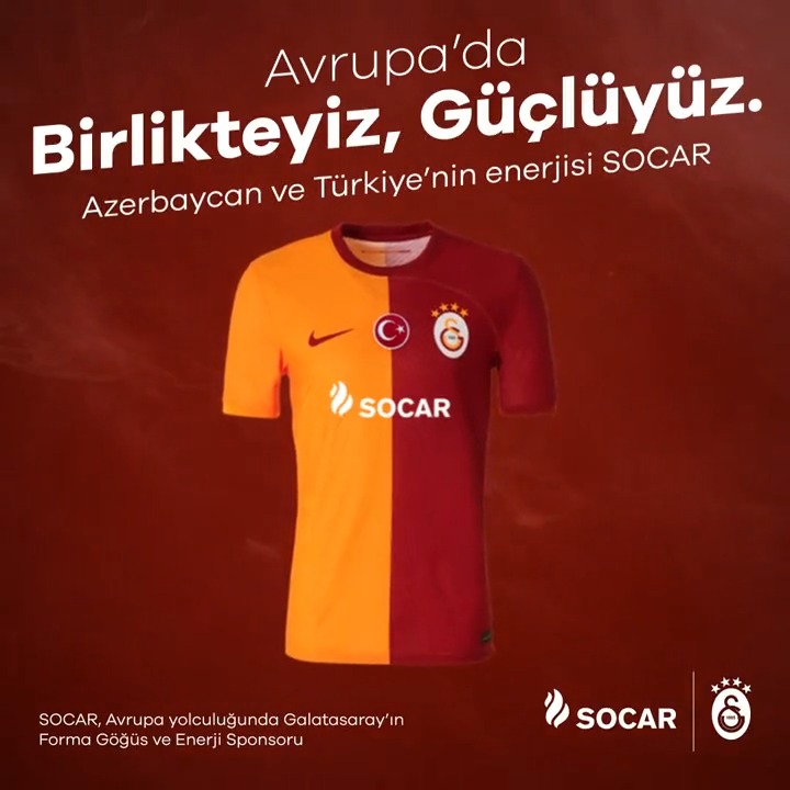 Azerbaycan ve Türkiye’nin enerjisi SOCAR, Avrupa’da Galatasaray’ın yanında! Galatasaray’ın 2023/24 sezonu Avrupa yolculuğu süresince Forma Göğüs ve Enerji Sponsoru olduğumuzu duyurmaktan mutluluk duyuyor, Galatasaray’a bu yolculukta başarılar diliyoruz! Galatasaray SK