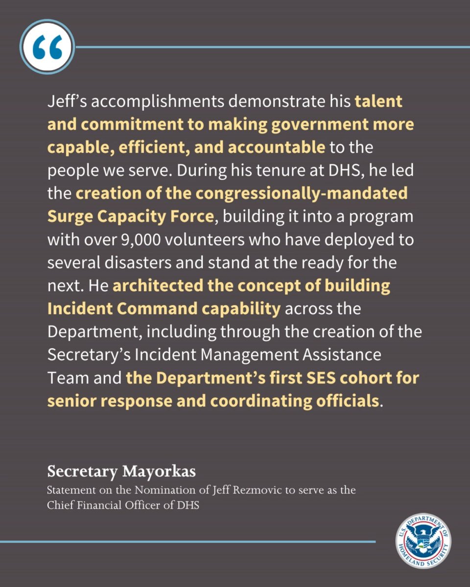 I applaud President Donald J. Trump’s nomination of Jeff Rezmovic to serve as the Chief Financial Officer of the Department of Homeland Security. My full statement ⬇️