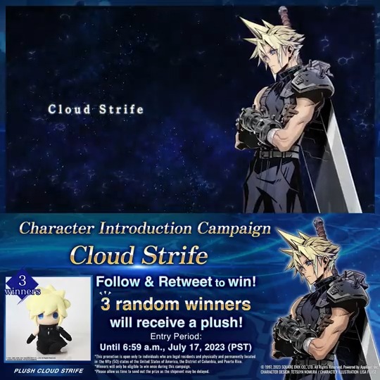 Follow &amp; RT to enter the Character Introduction Campaign! 3 winners chosen at random will receive an adorable Cloud Strife plush! You have until 7/17 6:59 PST to enter! Let us know what you think of #CloudStrife ! #FF7EC #FF7ECBeta #FF7EverCrisis #FF7 1/2