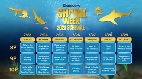 IT'S HERE 🥳🦈 Time for sharks to become your entire personality 😉 Check out the #SharkWeek schedule and comment which night you’re most excited to sink your teeth into! Shark Week starts Sunday, July 23 on Discovery.
