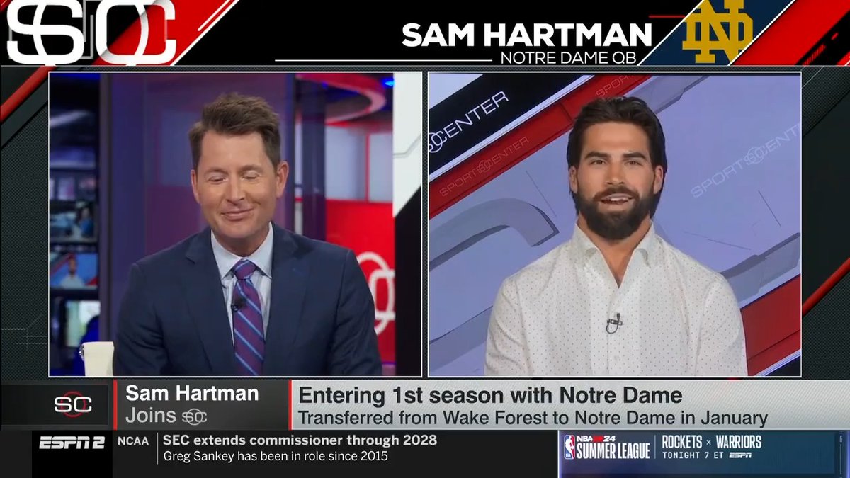 Sam Hartman on SportsCenter. “Hearing your name side by side with one of the most historic programs in the country is very cool but also humbling. You know the expectations of being a Notre Dame Football player and a Notre Dame quarterback.” #GoIrish☘️