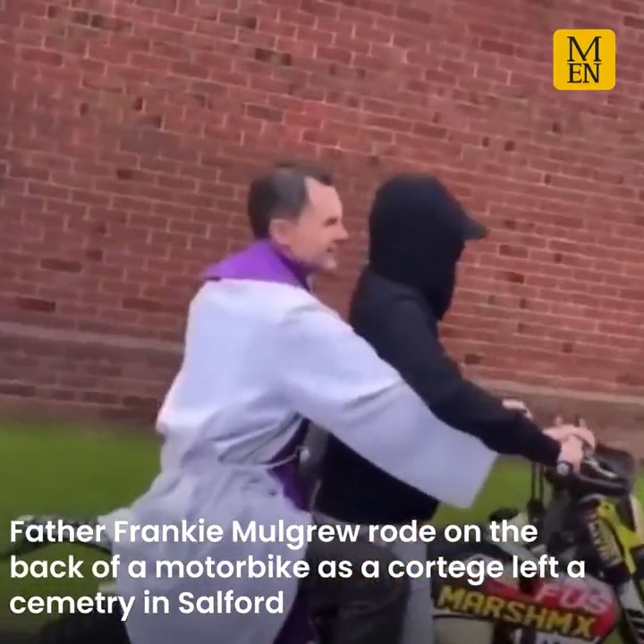 This is the moment video captures a priest shaking holy water from the back of a motorbike driven by a masked youth at the funeral for Saul Cookson in Salford