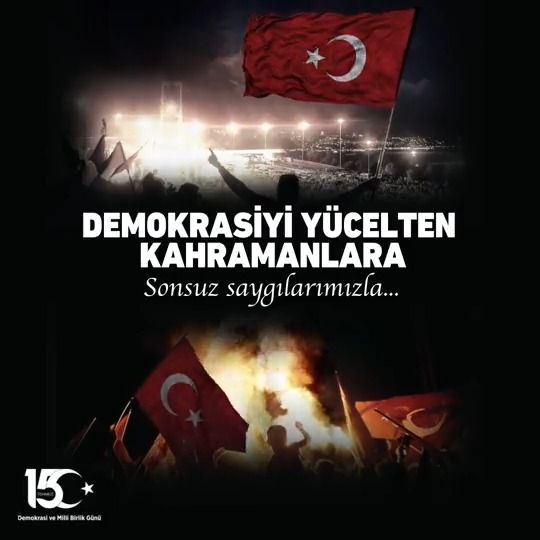 Demokrasi mücadelemizde canını ortaya koyan aziz şehitlerimizi rahmetle, kahraman gazilerimizi saygıyla anıyoruz. #15Temmuz Demokrasi ve Milli Birlik Günü kutlu olsun.🇹🇷 #TürkiyeYüzyılınınKahramanları