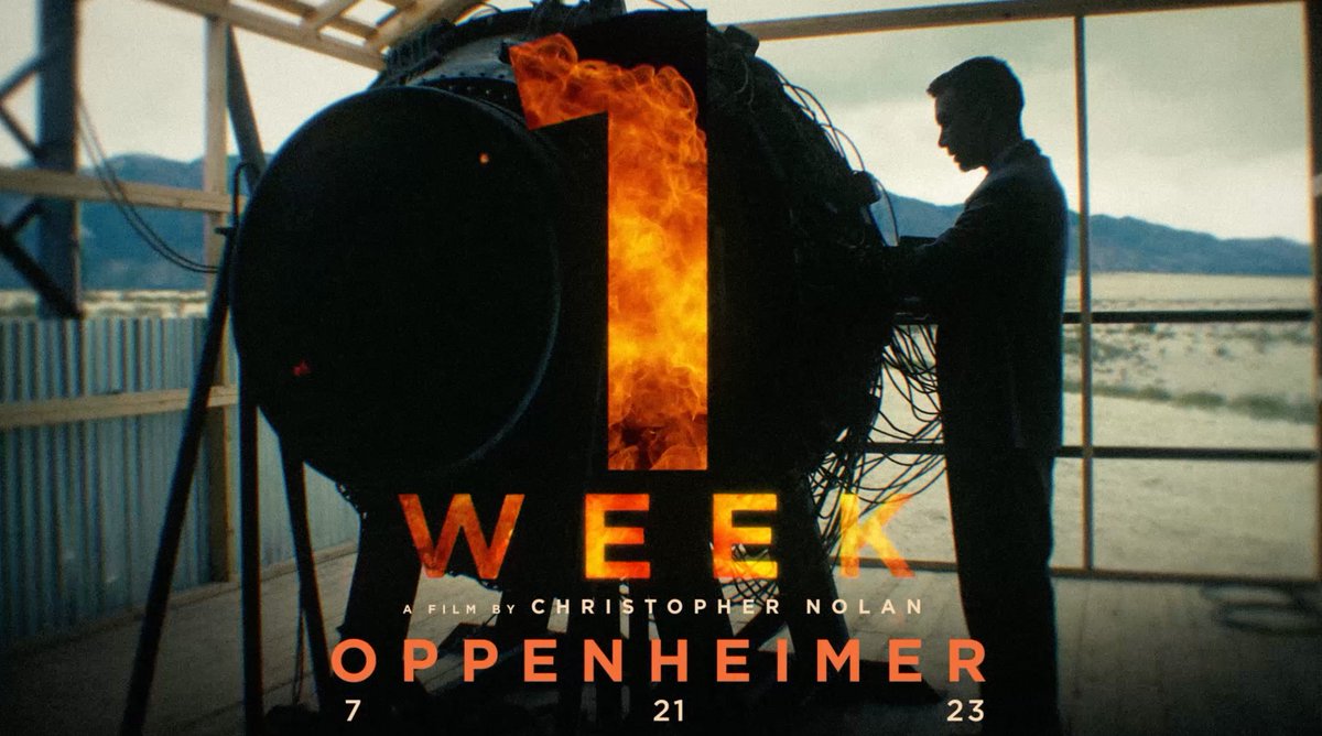 In one week, experience #Oppenheimer. A film by Christopher Nolan. Get tickets now to see #Oppenheimer in theaters 7 21 23.