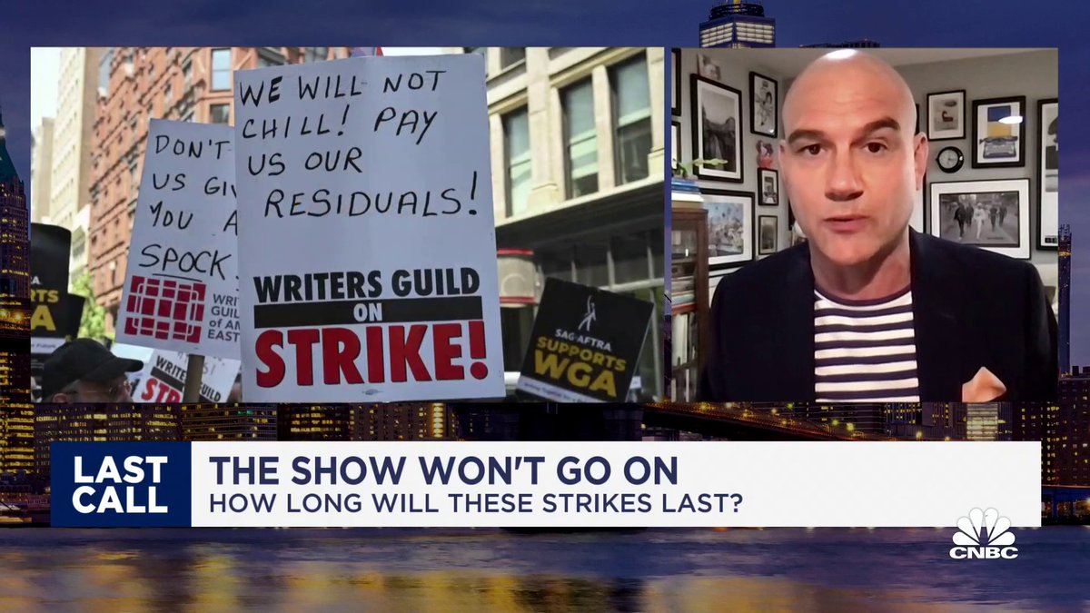 "Their worry is if they 'give in'...to the #WGA then what is going to happen is every contract cycle is going to become a strike," says Dominic Patten on what studio execs. think about ongoing strikes. "This to them is where they have to plant their flag...to stop that." #SAG
