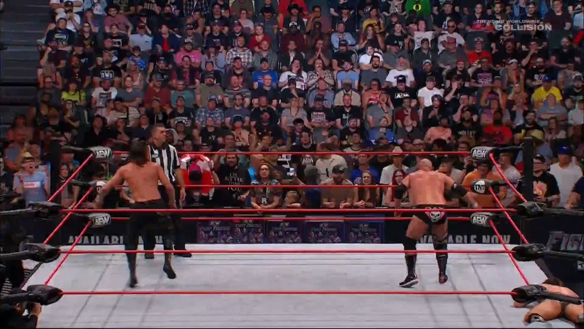 Jay White in the middle of the ring with the sharpshooter applied! Watch #AEWCollision on TNT! #AEWWorldTagTeamTitles Switchblade Jay White | #JuiceRobinson | @DaxFTR | Daniel “Cash” Wheeler