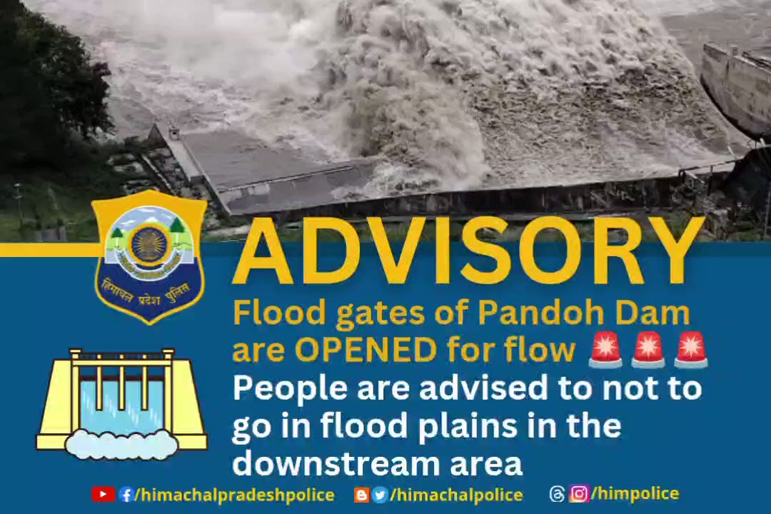 ***𝗔𝗹𝗲𝗿𝘁*** 🚨🚨🚨 Flood gates of Pandoh Dam are OPENED for flow People are advised to not to go in flood plains in the downstream area like Mandi, Hamirpur, Kangra CMO HIMACHAL Information And Public Relations Department, HP HP-SDRF HPSDMA Himachal Tourism HP Traffic, Tourist & Railways Police Abhishek Trivedi Satwant Atwal,IPS Amar Ujala Himachal