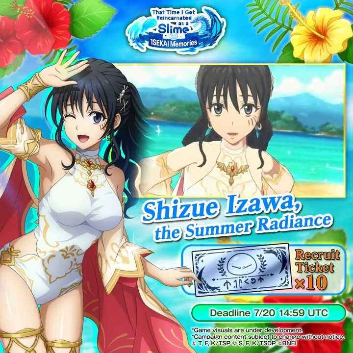 Like & RT Campaign! A sunny summer goddess! Think she looks fit and flawless in her new swimsuit? Show your support with a like and RT! If total interactions across our global social media hit 10,000, everyone gets 10 Recruit Tickets! #ISEKAIMemories #SlimeIM #tensura