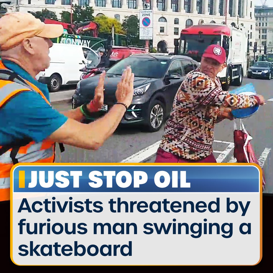 BREAKING: Just Stop Oil activists have been threatened by a man swinging a skateboard during a protest in London. Would you do the same?