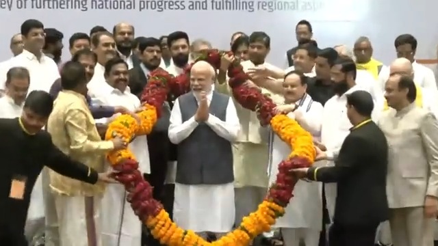 NDA leaders welcome PM Shri Narendra Modi during the NDA meet in New Delhi.