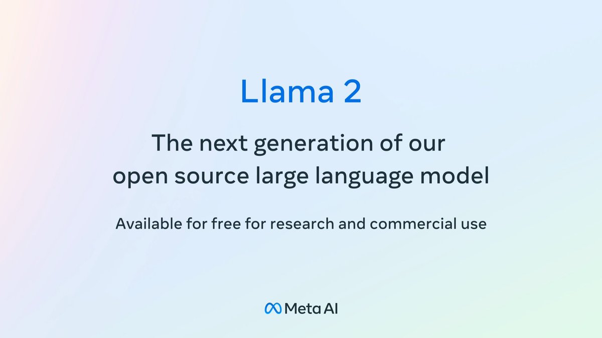We believe an open approach is the right one for the development of today's Al models. Today, we’re releasing Llama 2, the next generation of Meta’s open source Large Language Model, available for free for research & commercial use. Details ➡️