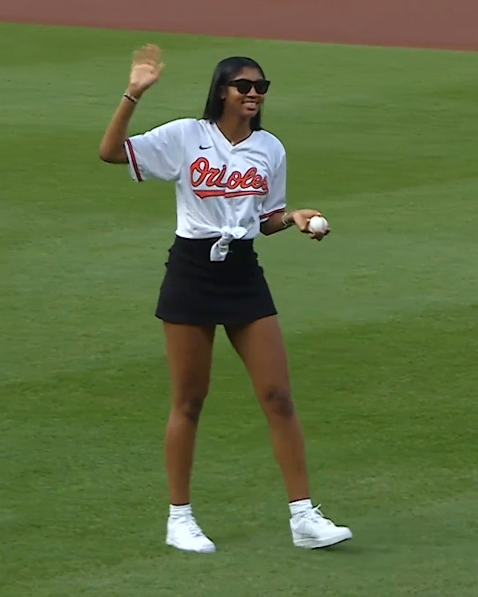 Angel Reese throws the first pitch in her hometown Baltimore ⚾️ (via MLB)