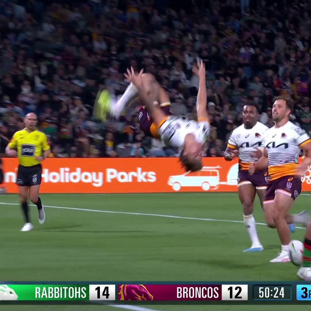 Reece Walsh with a backflip! 🤯 #NRLSouthsBroncos