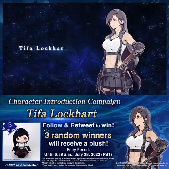 Follow &amp; RT to enter the Character Introduction Campaign! 3 winners chosen at random will receive an adorable Tifa Lockhart plush! You have until 7/28 6:59 PST to enter! Let us know what you think of #TifaLockhart ! #FF7EC #FF7EverCrisis #FF7 1/2