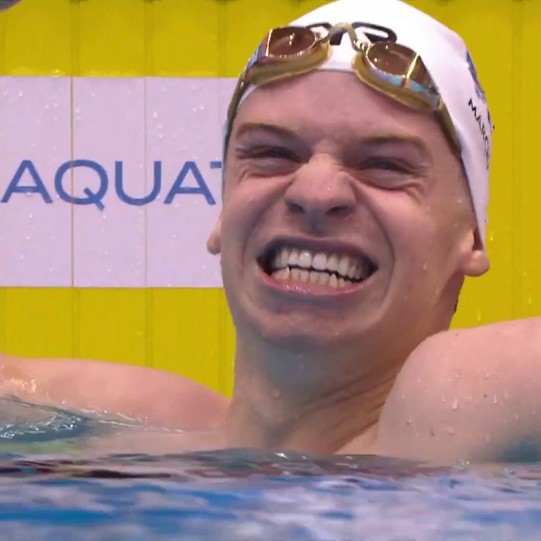 WHAT A SWIM! 😮 With the sports legend calling the race, France's Leon Marchand breaks Michael Phelps' last individual world record to win the world title in the men's 400m IM with a time of 4:02.50. #AQUAFukuoka23