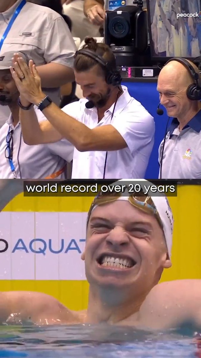 INCREDIBLE! Michael Phelps calls the race where his last individual world record gets broken by Leon Marchand, who also happens to be coached by Phelps’ former coach, Bob Bowman. #AQUAFukuoka23