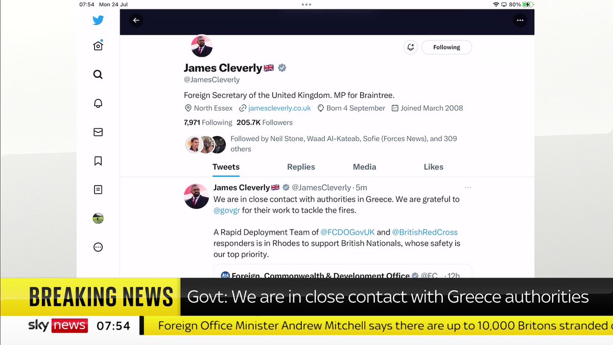 BREAKING: James Cleverly says the UK govt are "in close contact" with Greek authorities, as wildfires rage on in parts of Rhodes and Corfu 📺 Sky 501, Virgin 602, Freeview 233 and YouTube