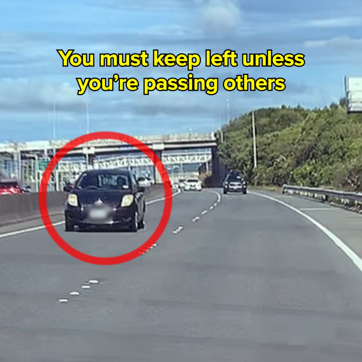 You must keep left unless you're passing others. The person driving this car is travelling in the right lane but isn't passing anyone. If a lane to your left is free, you must keep left. It's the law: