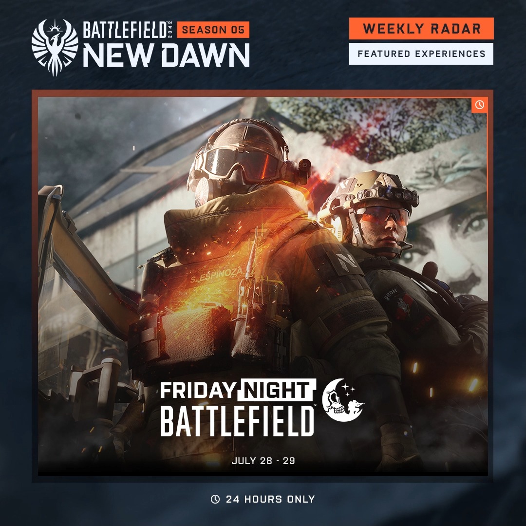 Enjoy this week's #Battlefield Portal Experiences 👇 🔹 Infantry Conquest (July 25 - Aug 1) 🔸 #BF2042 FFA (July 25 - 28) 🔹 #FNB (July 28 - 29) 🔸 Gunfight Royale (July 28 - Aug 1) Keep track of experiences &amp; events on the Community Calendar 📅 👉