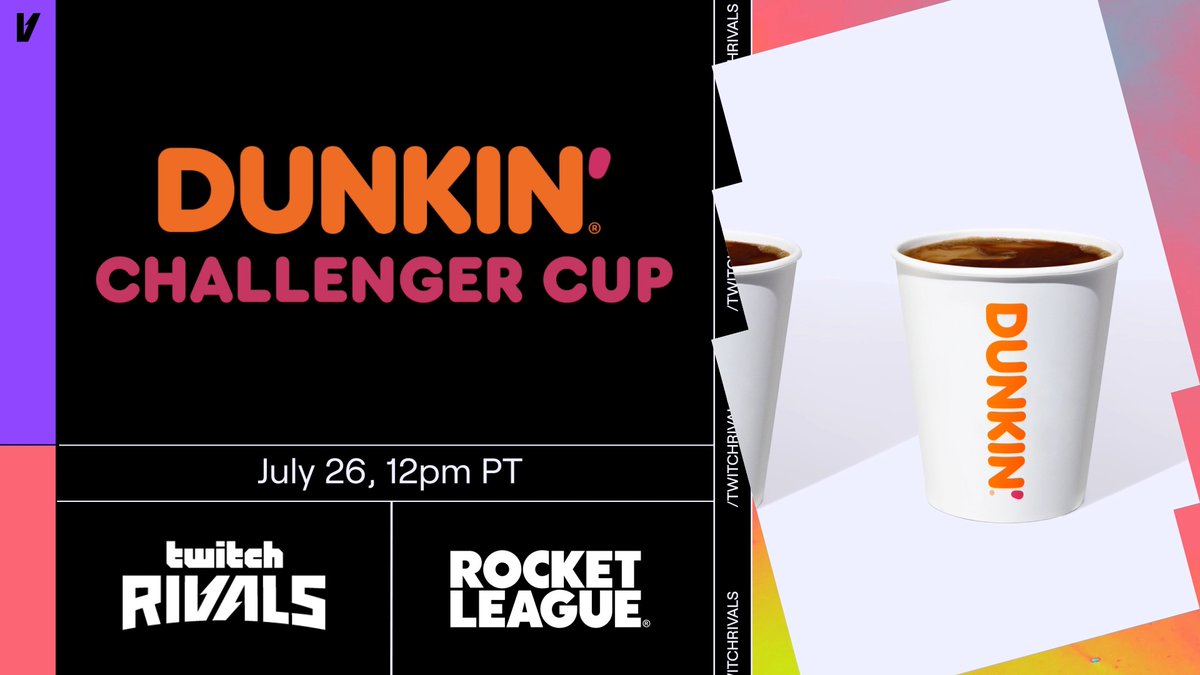 Our pals at Dunkin' are joining us for a delicious treat with the Dunkin' Challenger Cup! If Streamers complete the special challenge during Twitch Rivals: Rocket League Face Off ft Rizzo type #DunkinPromotion in chat for a chance to win free Dunkin' Coffee for a year!