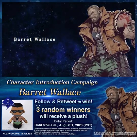 Follow & RT to enter the Character Introduction Campaign! 3 winners chosen at random will receive an adorable Barret Wallace plush! You have until 8/1 6:59 PST to enter! Let us know what you think of #BarretWallace ! #FF7EverCrisis #FF7EC #FF7 1/2