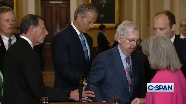 Senator Minority Leader Mitch McConnell appears to have a health issue while speaking during a press conference in the U.S. Capitol. About 12 minutes later, the Minority Leader returned to the press conference and, when asked about what happened, said, "I'm fine."
