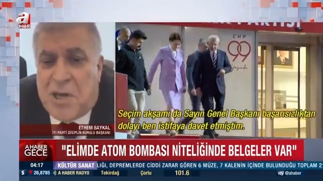 "Elimde atom bombası niteliğinde belgeler var" ▪Akşener'in imzası ile partiden ihracı istenen İYİ Parti merkez disiplin kurulu başkanı Ethem Baykal, elinde atom bombası niteliğinde belgeler olduğunu öne sürerek yeni bir gerilimin fitilini ateşledi.