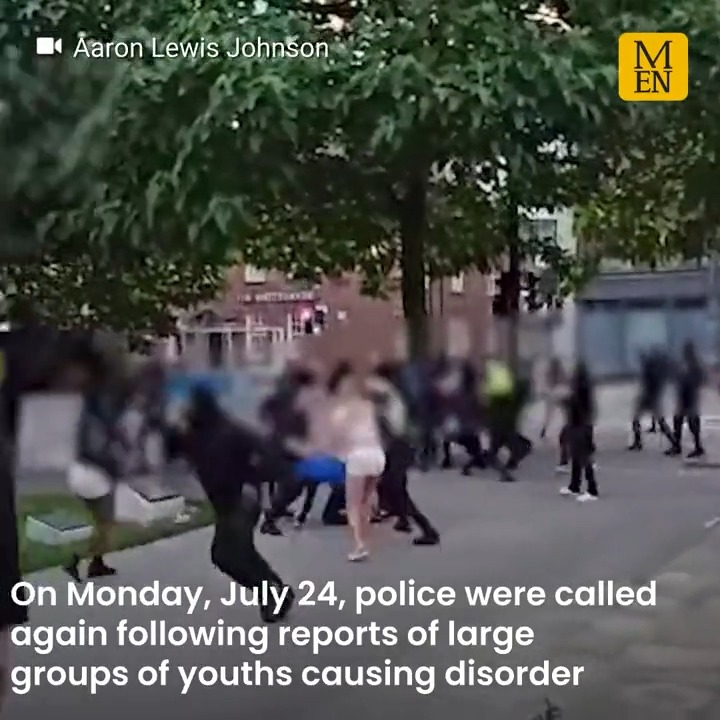 Police have released CCTV images after four police officers were attacked as hundreds caused chaos in Piccadilly Gardens and St Peter's Square