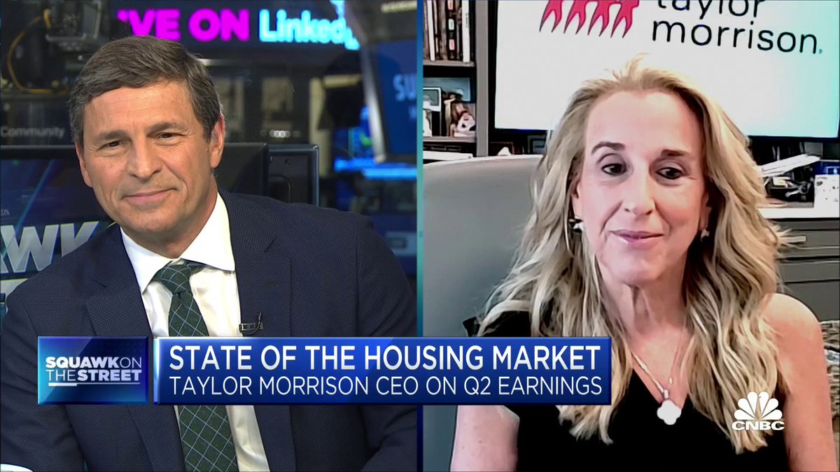 There's no place like home 🏠 Following an earnings beat in Q2, Taylor_Morrison CEO Sheryl Palmer says she's seeing a persistent lack of inventory as the current interest rate environment keeps consumers from wanting to sell their houses.