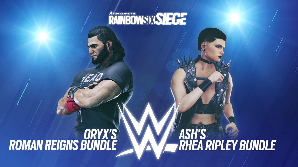 Eradicate your opponents and reign supreme with the newest WWE bundles, featuring Ash wearing Rhea Ripley's outfit and Oryx wearing Roman Reigns' outfit!