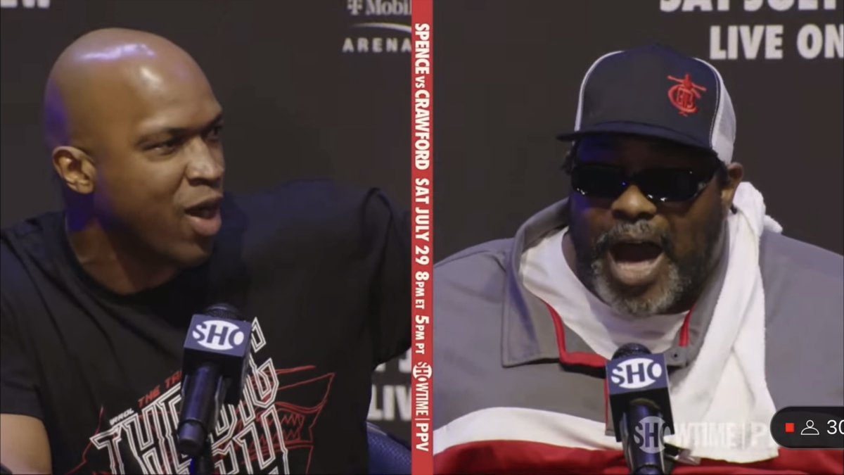 ‼️ Terence Crawford's trainer Brian 'BoMac' McIntyre and Errol Spence's trainer Derrick James furiously exchanging words at today's final press conference ahead of Saturday night: "Shut the f*** up." [🎥 @ShowtimeBoxing]