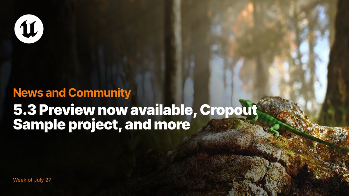 In the world of Unreal this week, get a look at the Unreal Engine 5.3 Preview and more!: 🧑🌾 Sow the seeds of creativity with Cropout Sample 🍞 Developer interview of the #EpicMegaGrants project Born of Bread 🔦 Spectacular spotlighted community content