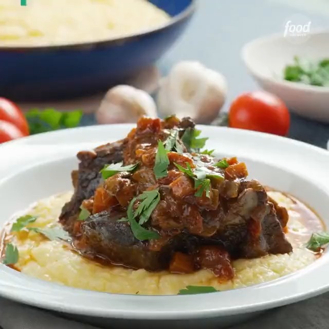 Serve these Spicy Braised Short Ribs with creamy polenta for a hearty dinner that *looks* fancy but is actually very easy to make: 🙌 #BBQBrawl is serving up a spicy challenge to the teams on Monday @ 9|8c!