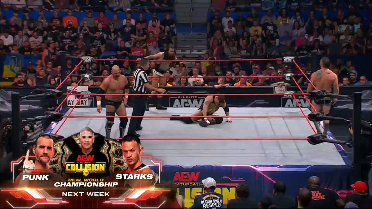 Things are getting HEATED in this #AEW World Tag Team Title Match! Watch #AEWCollision LIVE on TNT! @daxFTR | Daniel “Cash” Wheeler | Maxwell Jacob Friedman™️ | @adamcolepro