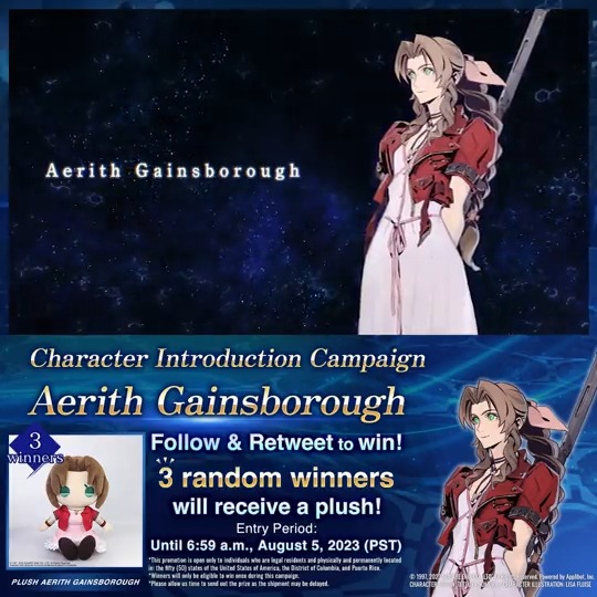 Follow &amp; RT to enter the Character Introduction Campaign! 3 winners chosen at random will receive an adorable Aerith Gainsborough plush! You have until 8/5 6:59 PST to enter! Let us know what you think of #AerithGainsborough ! #FF7EC #FF7EverCrisis #FF7 1/2