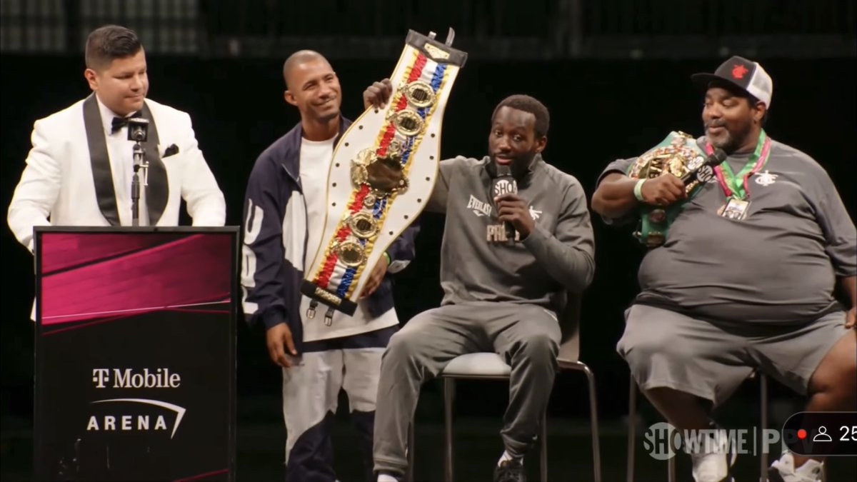 Terence Crawford concludes his post-fight presser after knocking out Errol Spence with a message for his doubters: "For all you guys that said I was too small, I was actually too strong. Now they get to witness greatness. It's the Terence Crawford era." [🎥 Showtime Boxing (Roblox)]