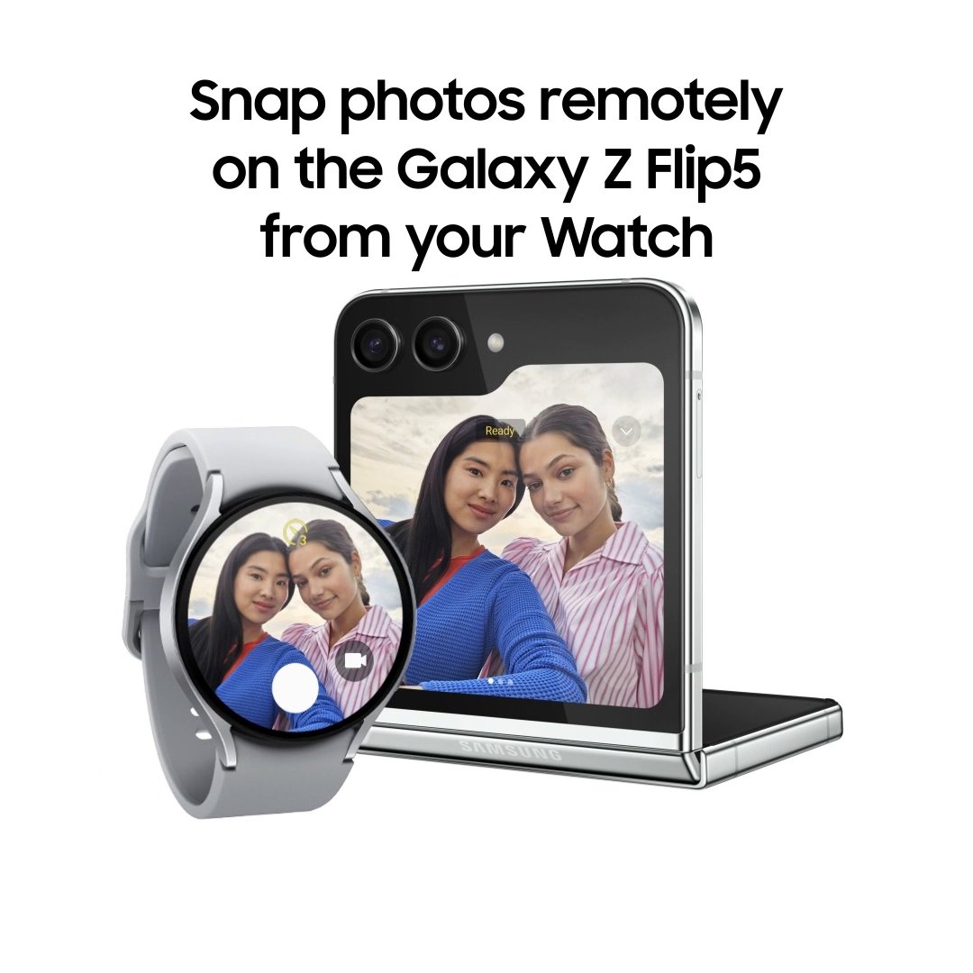 Snap photos remotely on your #GalaxyZFlip5 with the #GalaxyWatch6. Zoom in and out, or switch from photo to video, all from your wrist. Just strike a pose and tap on your Watch. #SamsungUnpacked