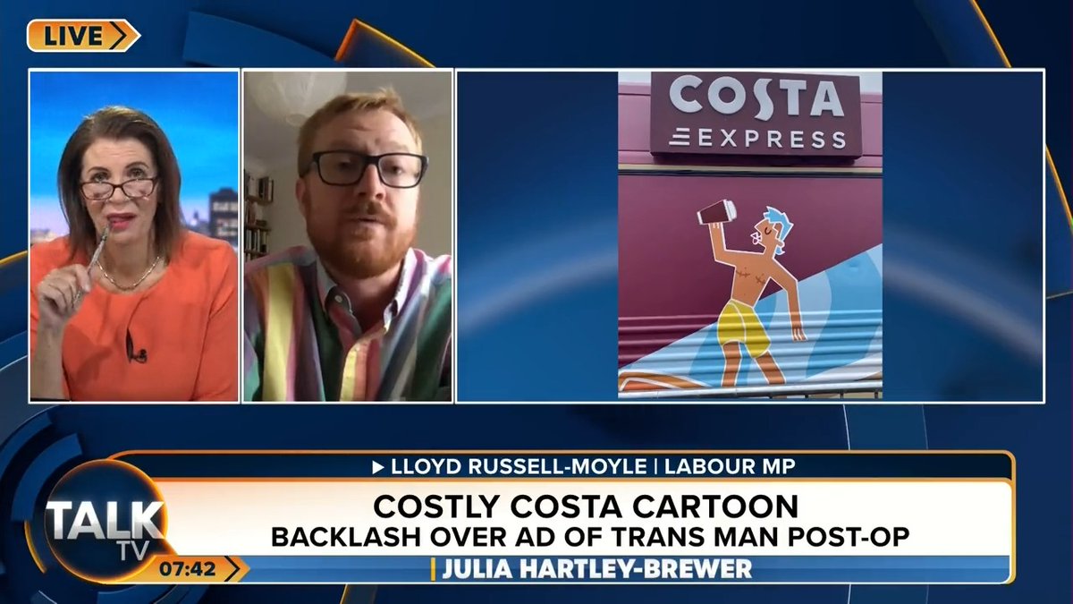 Julia grills Labour MP Lloyd Russell-Moyle on his support for Costa Coffee making a mural showing a trans man with mastectomy scars. “If someone said they wanted to cut their right leg off, would it be their choice and would you endorse that? Would we celebrate it?” Julia Hartley-Brewer