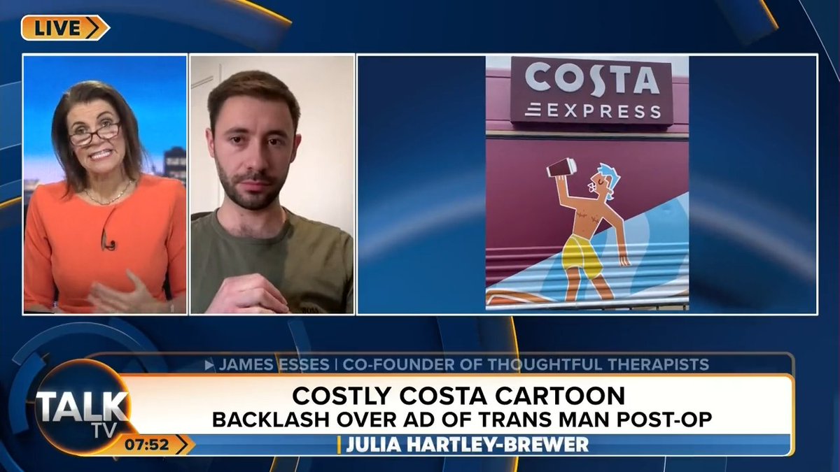 James Esses says the impact of a “glorified” advert by Costa Coffee of a trans man with mastectomy scars is “so dangerous and damaging” to young girls. Julia: “The idea we should be celebrating this, I’m so repulsed by this image.” Julia Hartley-Brewer