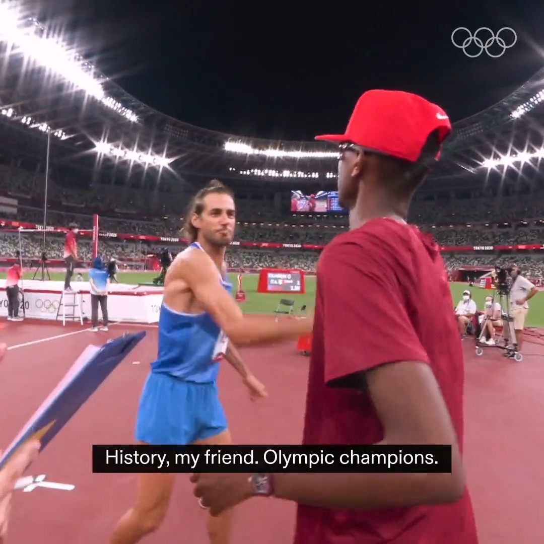 "Can we have two golds?" It was on this day two years ago when Mutaz Barshim and Gianmarco Tamberi put friendship over competition and shared gold at #Tokyo2020. ❤️ Gianmarco Tamberi | معتز برشم ♕Barshim | ItaliaTeam | Team Qatar 🇶🇦 | World Athletics
