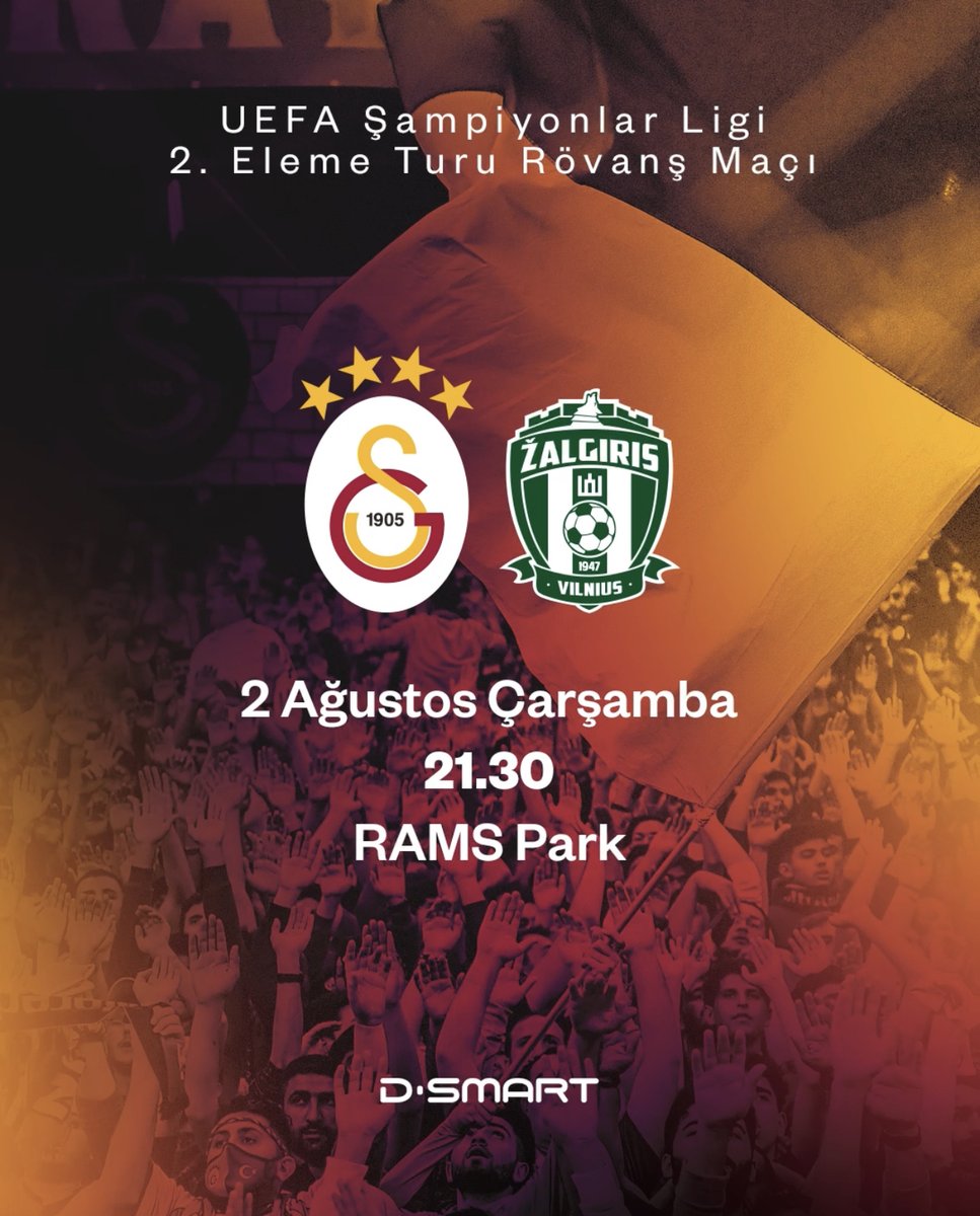 #BugünGünlerdenGALATASARAY 💪 🏆 UEFA Champions League 🗓️ İkinci Eleme Turu Rövanş Maçı 🆚 FK Žalgiris Vilnius 📆 02.08.2023 ⏰ 21.30 🏟️ Ali Sami Yen Spor Kompleksi RAMS Park 📺 D-Smart Spor 📲 #GSvZLG #UCL